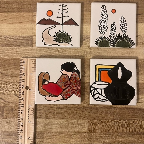 Hand Painted Art Tile Coasters Glazed Trivet With Wood Holder - Picture 4 of 8